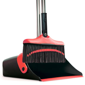 Broom and Dustpan Set with Long Handle - Kitchen Brooms and Stand Up Dust Pan Magic Combo Set for Home - Lobby Broom with Rotation Head and Standing Dustpan for Floor Cleaning Red