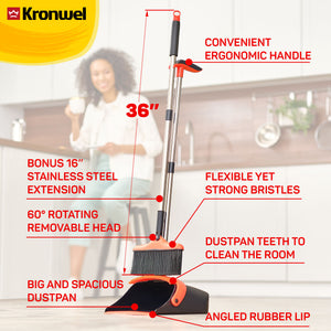 Broom and Dustpan Set with Long Handle - Kitchen Brooms and Stand Up Dust Pan Magic Combo Set for Home - Lobby Broom with Rotation Head and Standing Dustpan for Floor Cleaning Red